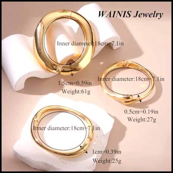 Chunky Gold Bangle Bracelets Set Stackable Cuff Minimalist Trendy Statement - Picture 4 of 7